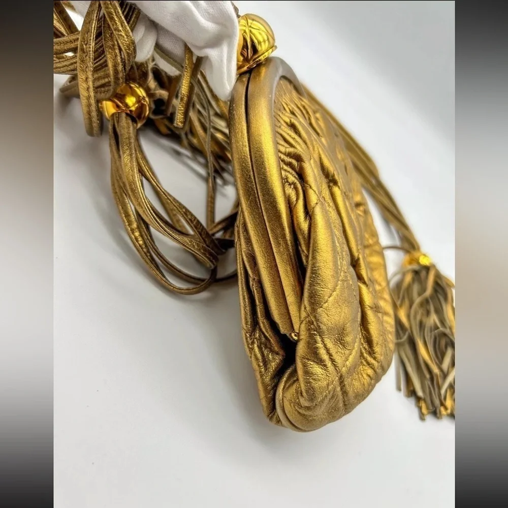 Chanel Quilted Vintage Rare Gold Bronze Waist Pouch bag Tie Fringe sling